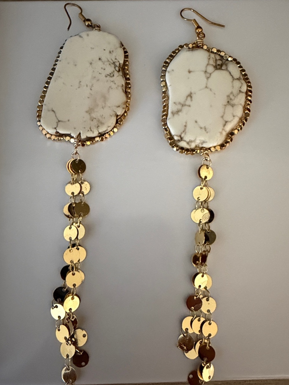 Gold & White Howlite Drop Earrings with Sequin Chain